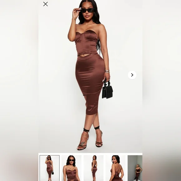 Fashion Nova Chocolate Satin Skirt Set - Picture 1 of 3